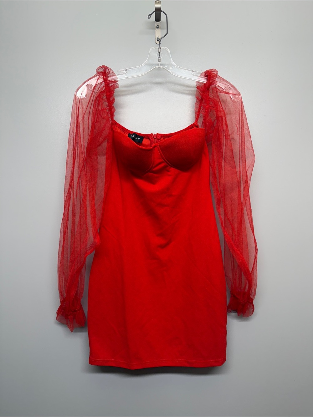 Parisian Red Mesh Sheer Sleeve Strapless Party Rave Night Out Club Mini Dress